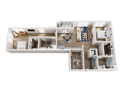 A top down view of a house layout with a living room, dining room, kitchen, and bedrooms.